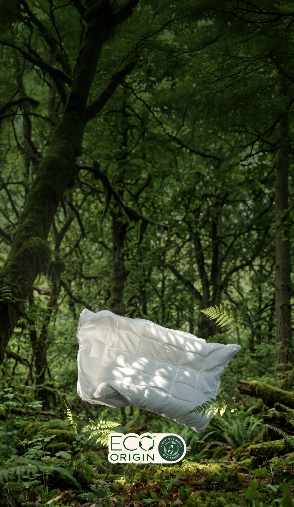 A white pillowtop mattress topper floating in a lush, green forest
